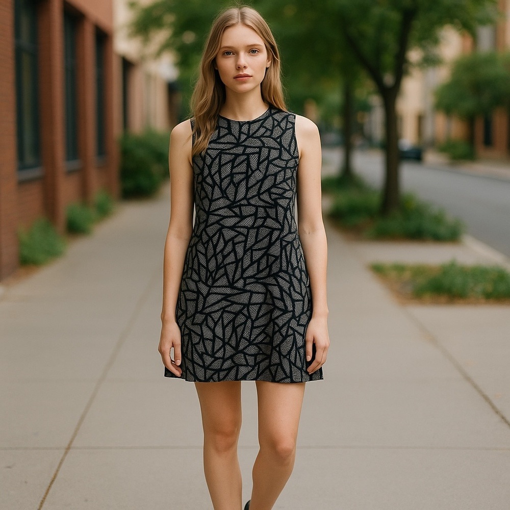 💙 REITMANS Black and White Geometric Pattern Dress with pockets